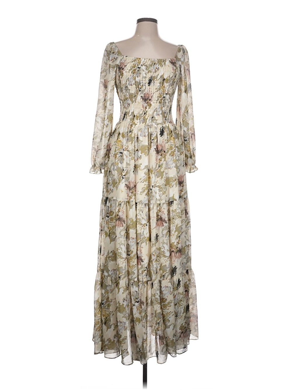 Baltic Born Large Cream Floral Smocked Maxi Dress with Long Sheer Sleeves